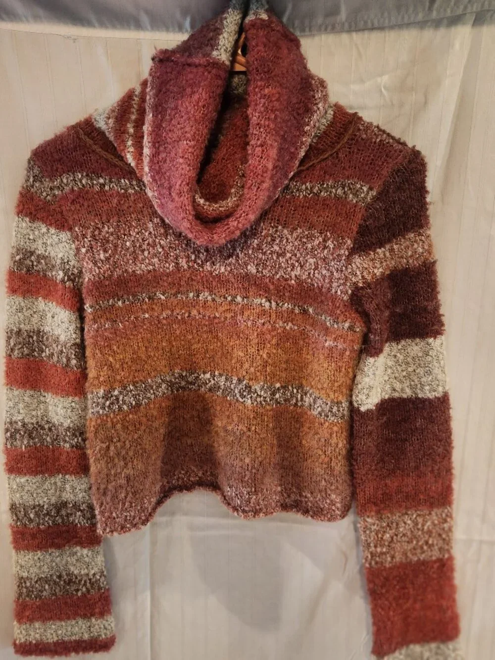 Free People Striped Boucle Knit Cropped Cowl Neck Sweater Rust Orange XS